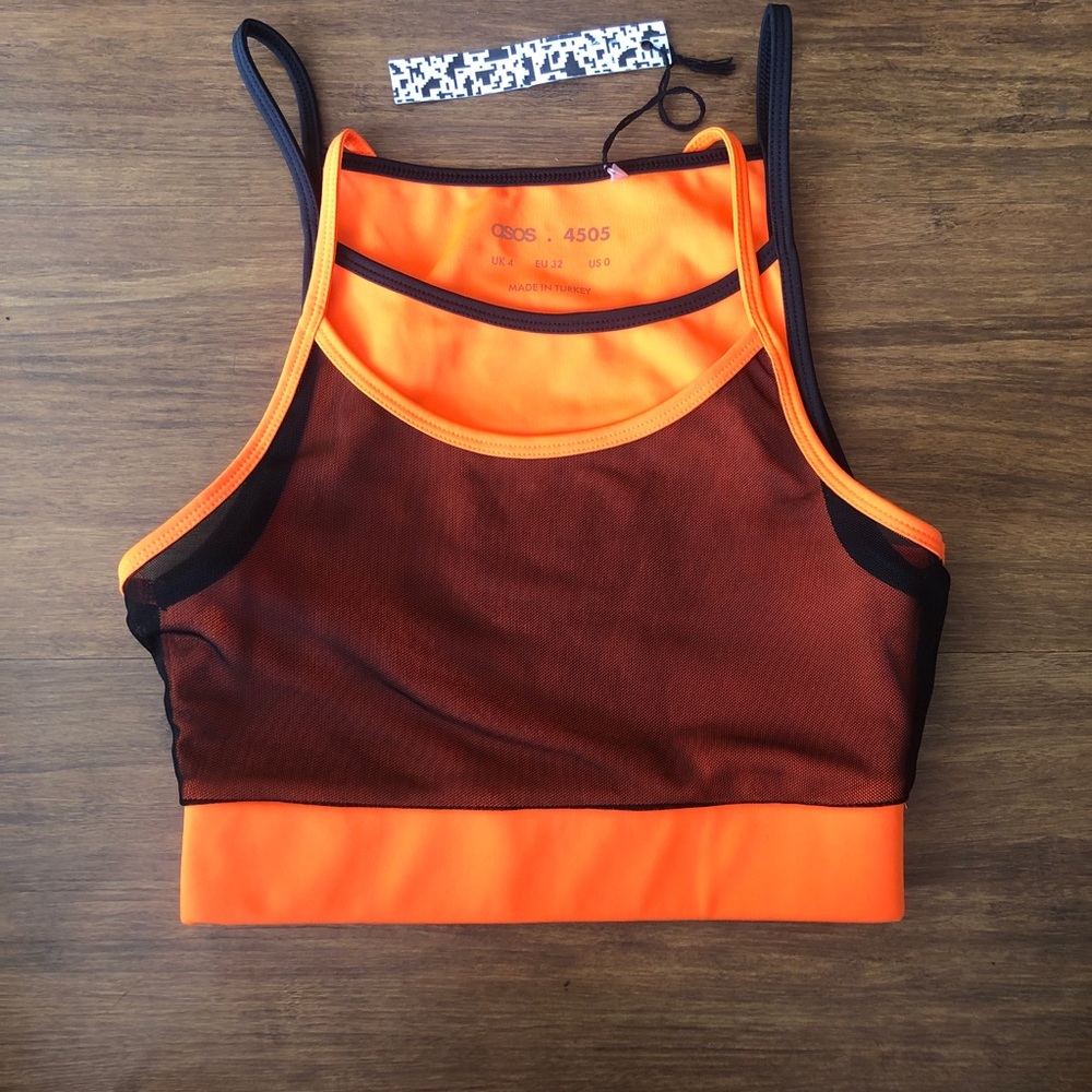 ASOS 4505 Sports Bra Womens XS / 0 Contrast Mesh overlay Neon Hot Orange Black